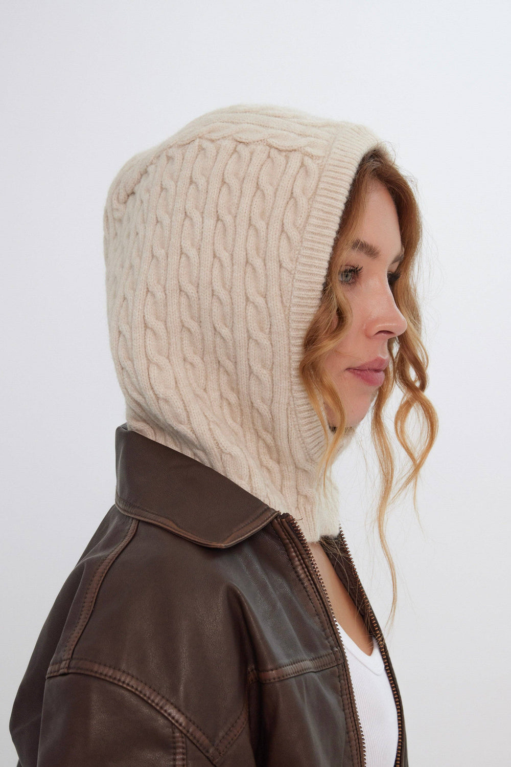 Cable Knitted Hood Balaclava in Cream