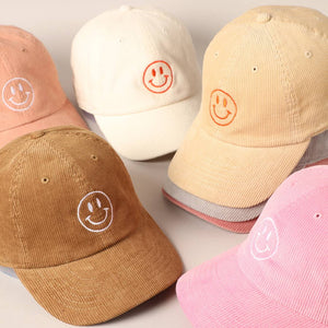 Happy Face Embroidered Corduroy Baseball Cap