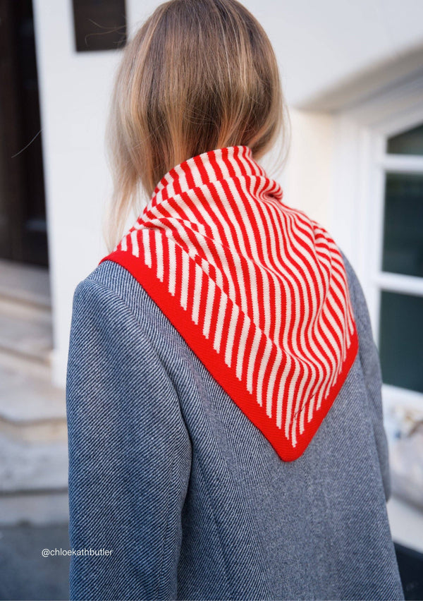 Large Merino Wool Triangle Scarf Red & Cream Stripe