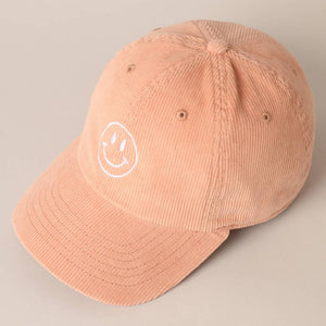 Happy Face Embroidered Corduroy Baseball Cap