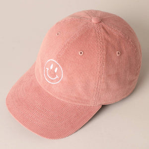 Smiley Face Embroidered Corduroy Hat