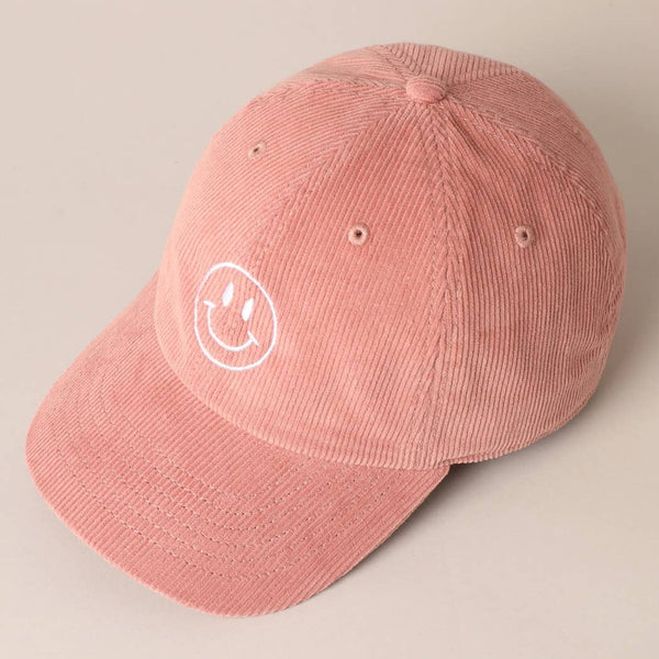 Smiley Face Embroidered Corduroy Hat