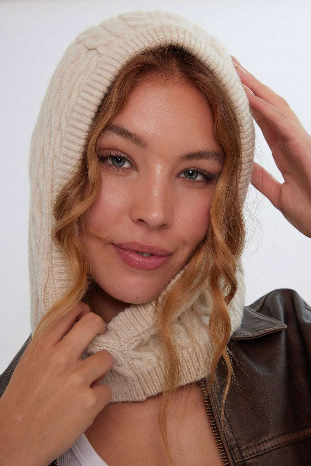 Cable Knitted Hood Balaclava in Cream