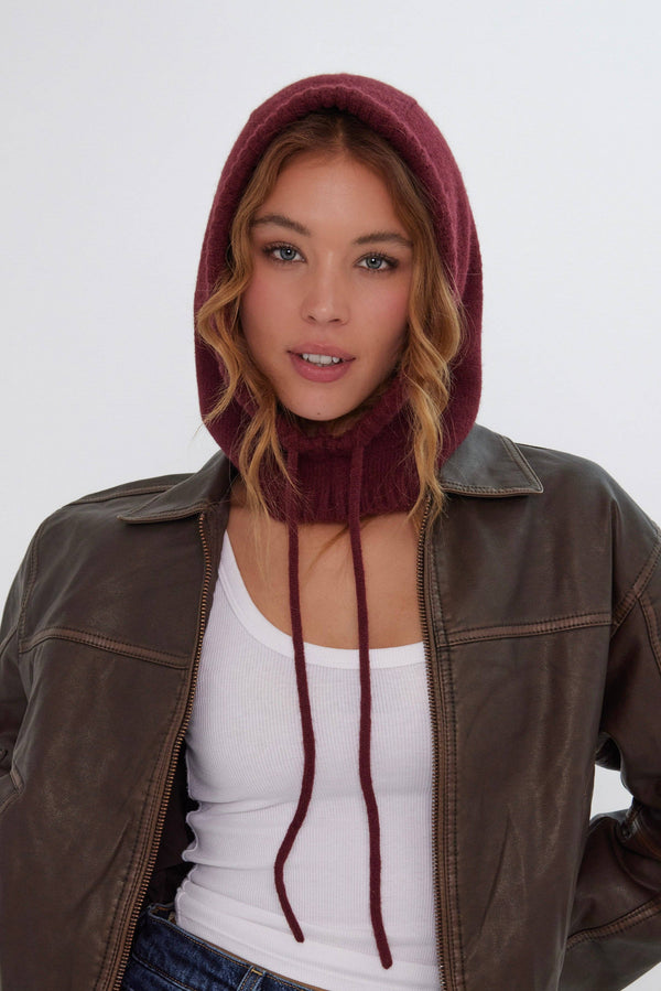Drawstring Knitted Hood Balaclava in Burgundy