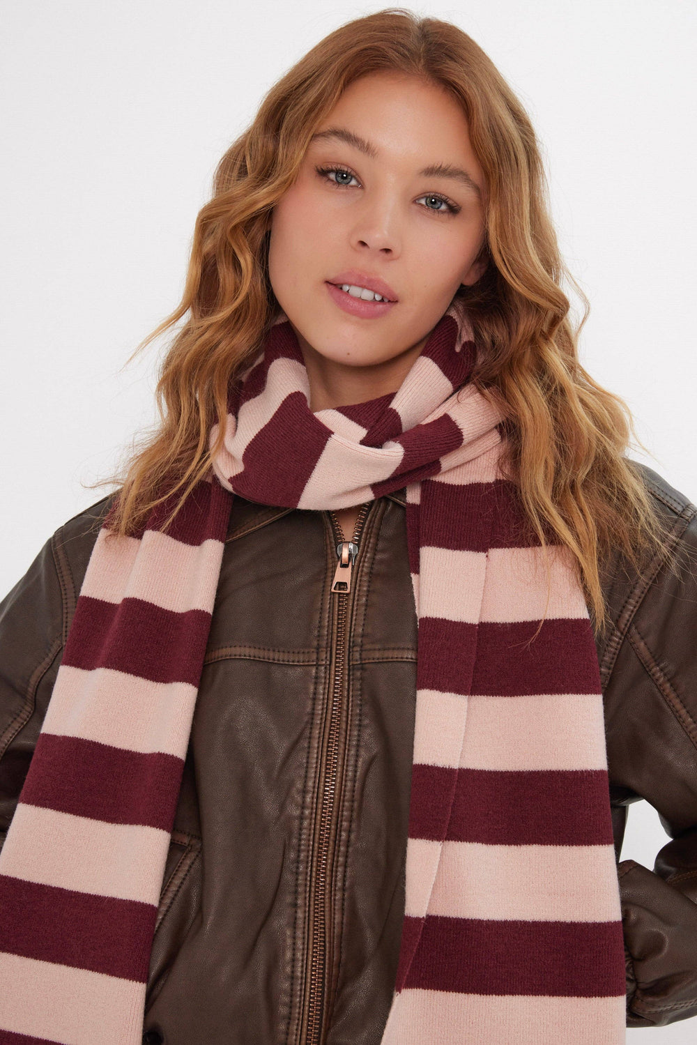 Knitted Stripe Scarf in Pink and Burgundy