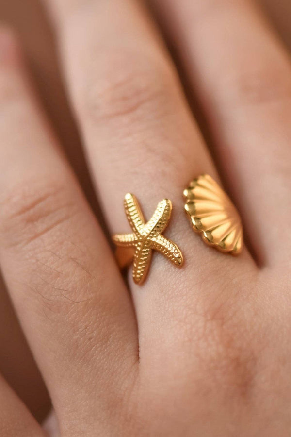18K Gold Plated Stainless Steel Shell Starfish Ring