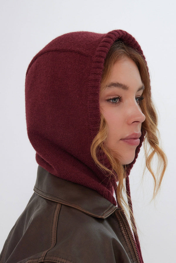 Drawstring Knitted Hood Balaclava in Burgundy