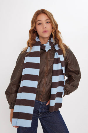 Knitted Stripe Scarf in Blue and Brown