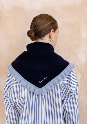 Merino Wool Triangle Scarf in Navy Ruffle