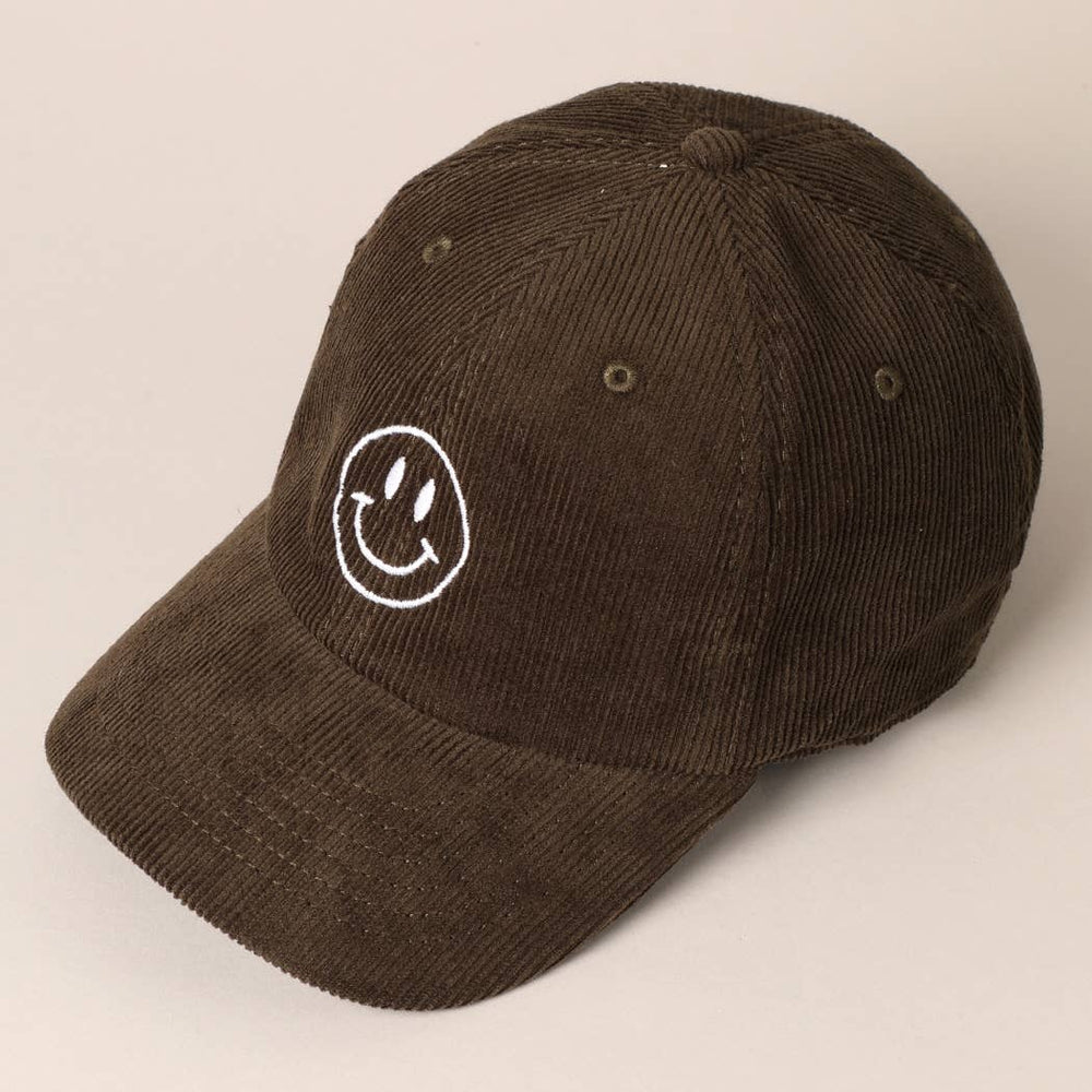 Smiley Face Embroidered Corduroy Hat