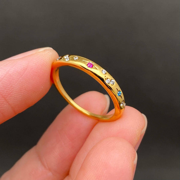Colored Zircon Inlaid Star 18K Gold Plated SS Ring - FGS/MS