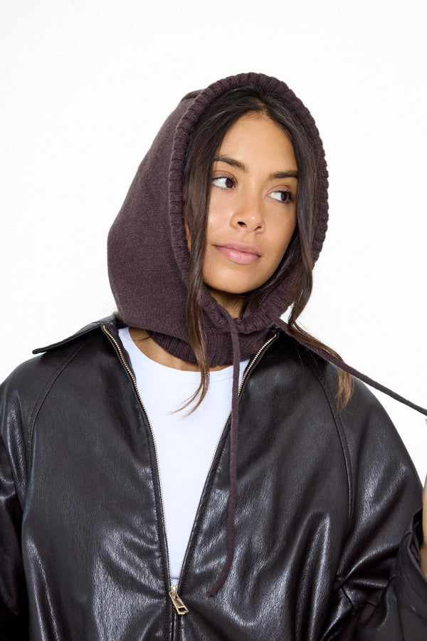 Drawstring Knitted Hood Balaclava in Brown
