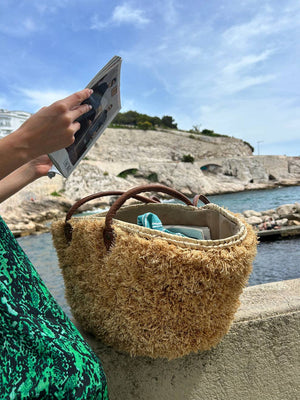 Handwoven Moroccan Palm Leaf Basket with Raffia Detail