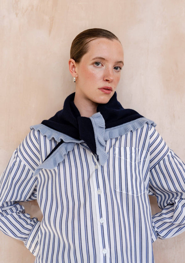 Merino Wool Triangle Scarf in Navy Ruffle